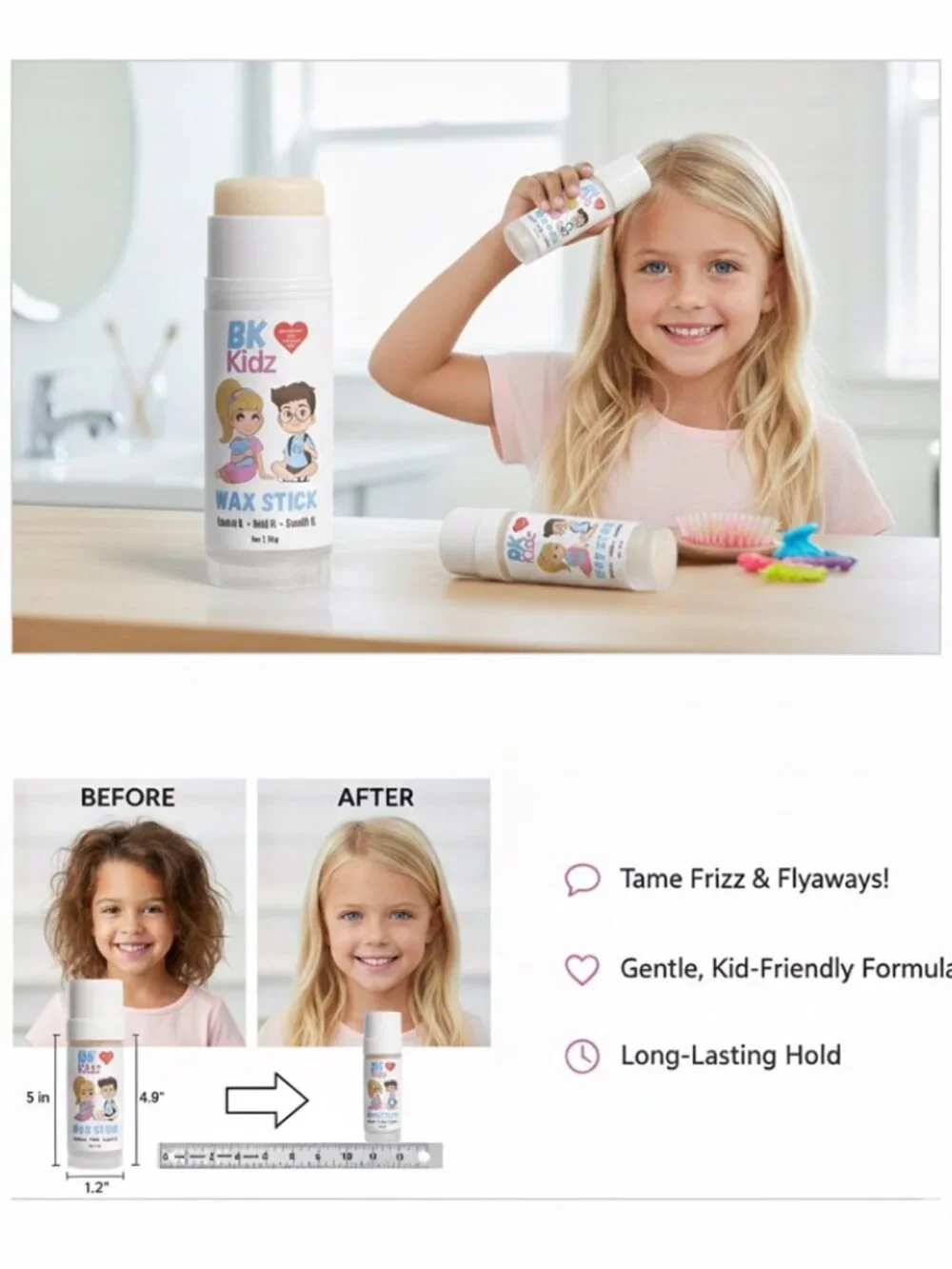 Bonsai Kids Hair Wax Stick - Flyaway Tamer & Easy Styling for Children, One-Hand